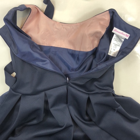 Bonnie Jean Dark Navy Blue Cutout Print Tie Front Pleated Formal Dress - Picture 11 of 13